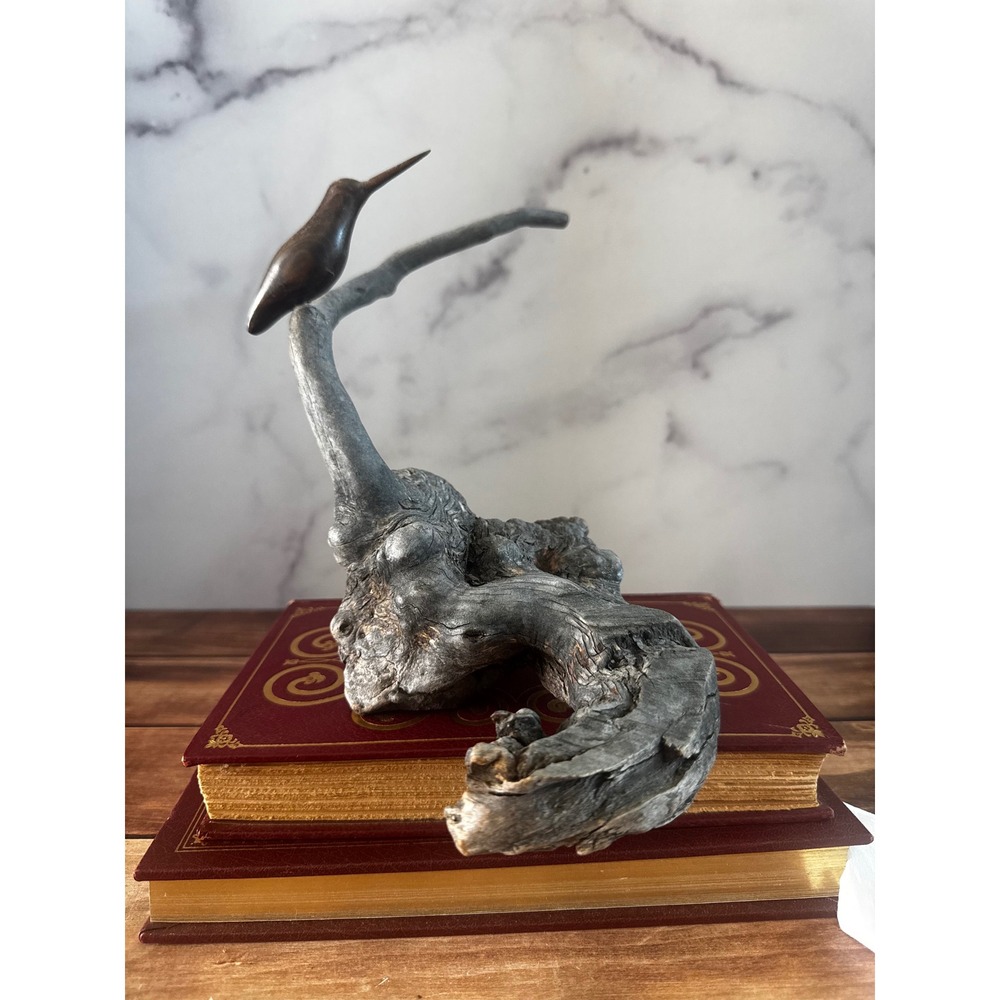 Hand Carved Wood Hummingbird Sculpture on Natural Driftwood Base Art Decor